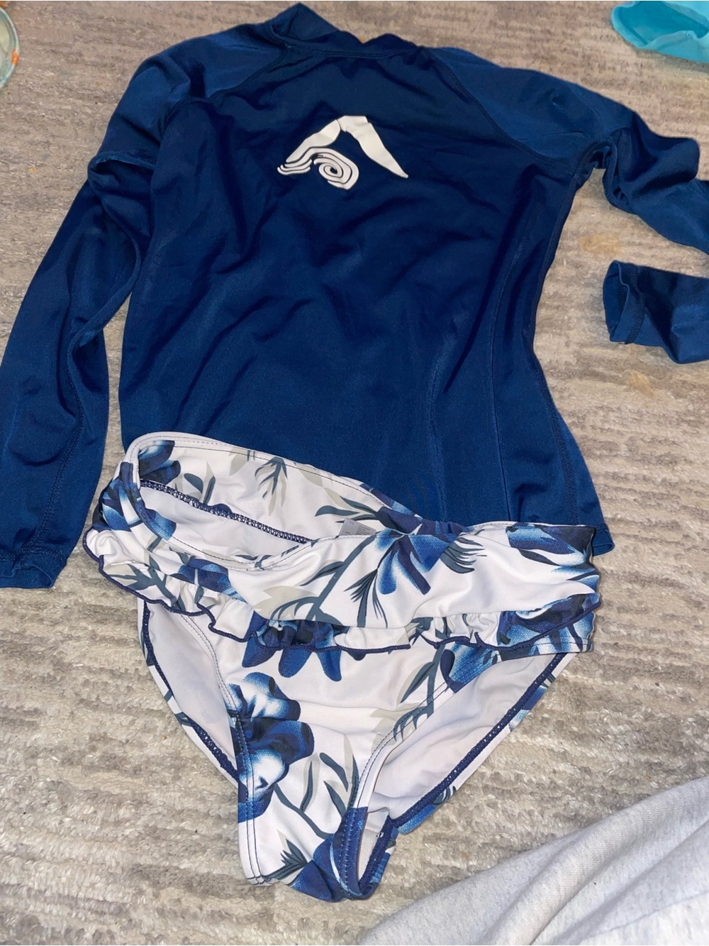 Girls' Navy Long-Sleeve Rash Guard with Blue Floral Bikini Bottoms